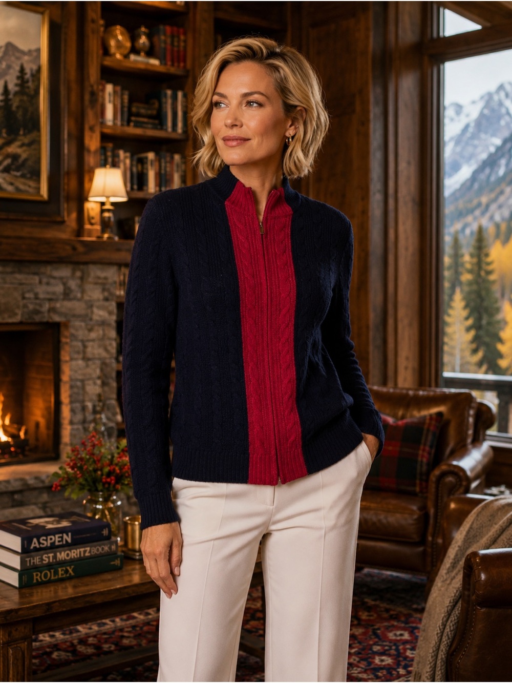 St. John Mock Neck Navy Cable Knit Zip Cardigan with Red Panel - Size Small
